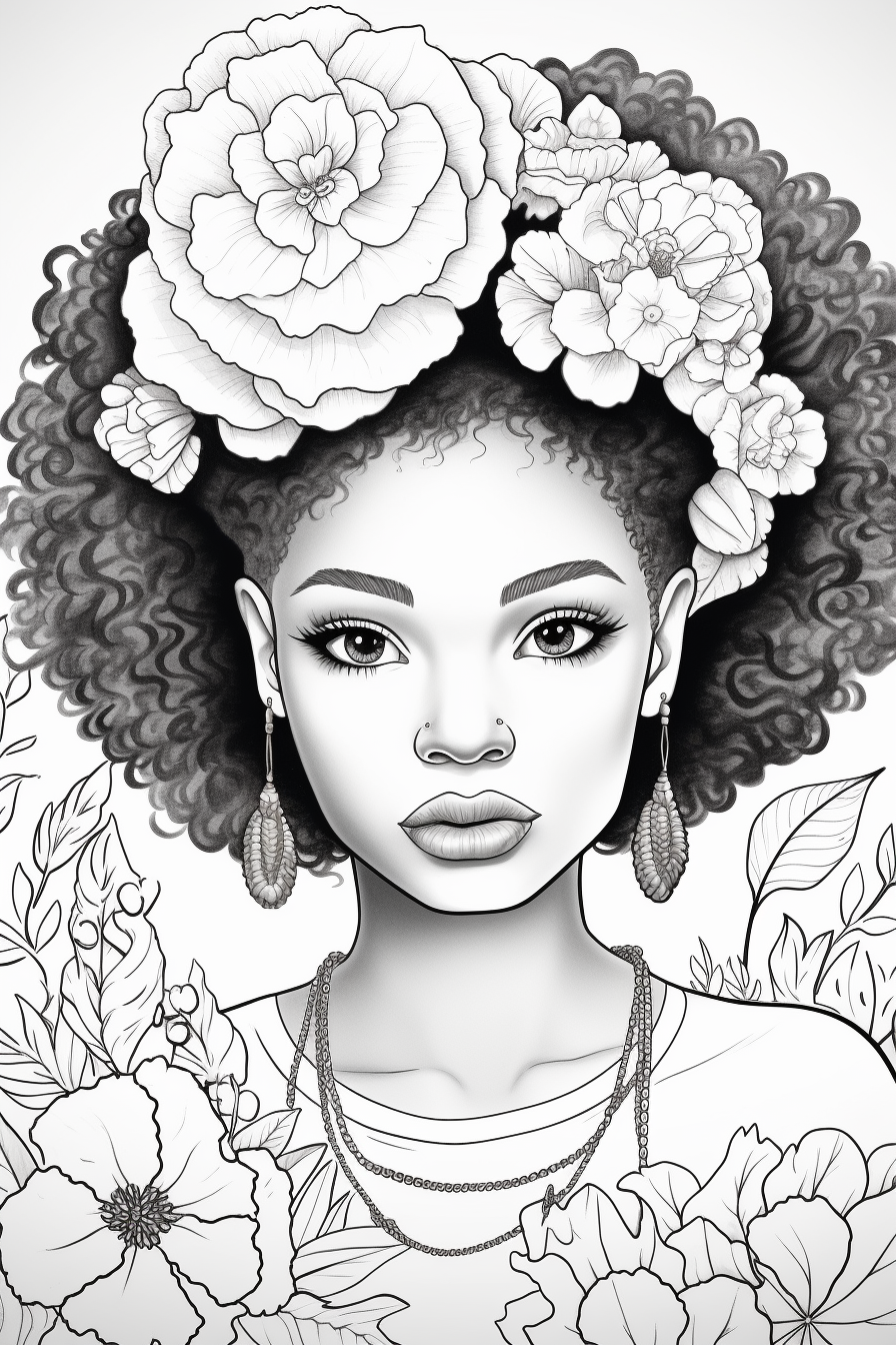 Coloring Page of African American Girl with Floral Background