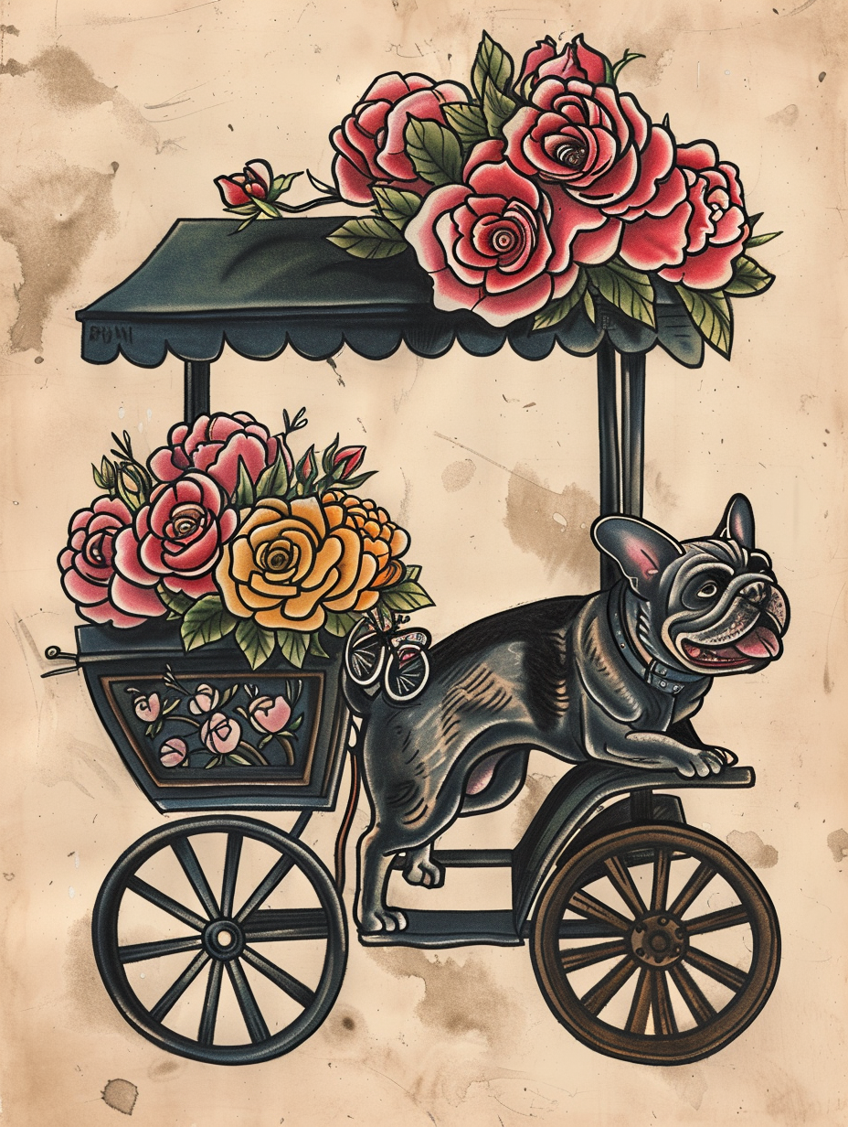 Traditional Parisian Floral Cart Bulldog