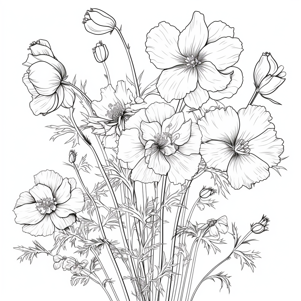 Coloring page of delphinium and cosmos flowers