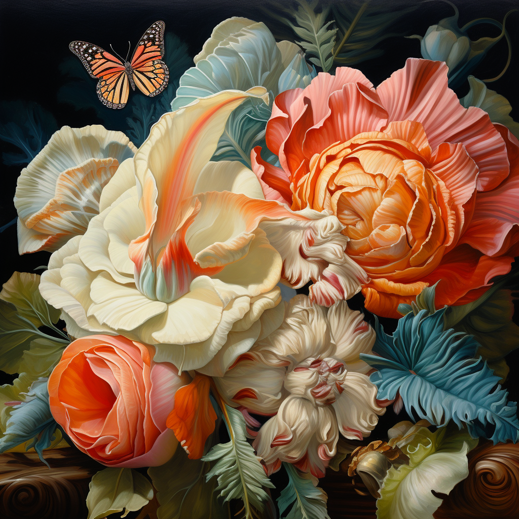 Close-up of Floral and Conch Shell Dutch Still Life Painting