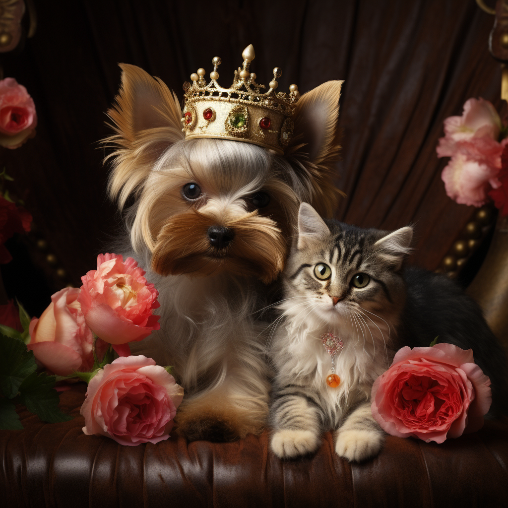 Cute Yorkshire Terrier and Persian Kitten With Flower Crowns