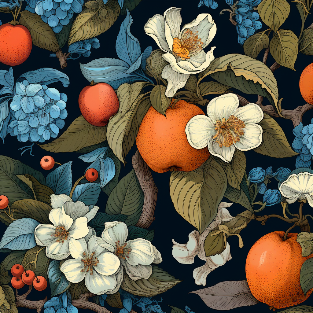 Seamless Blue Floral and Fruit Pattern