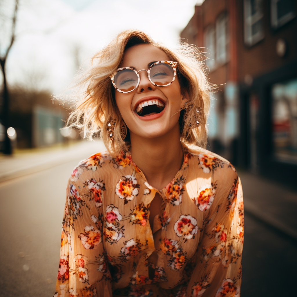 Woman in Floral Glasses Laughing