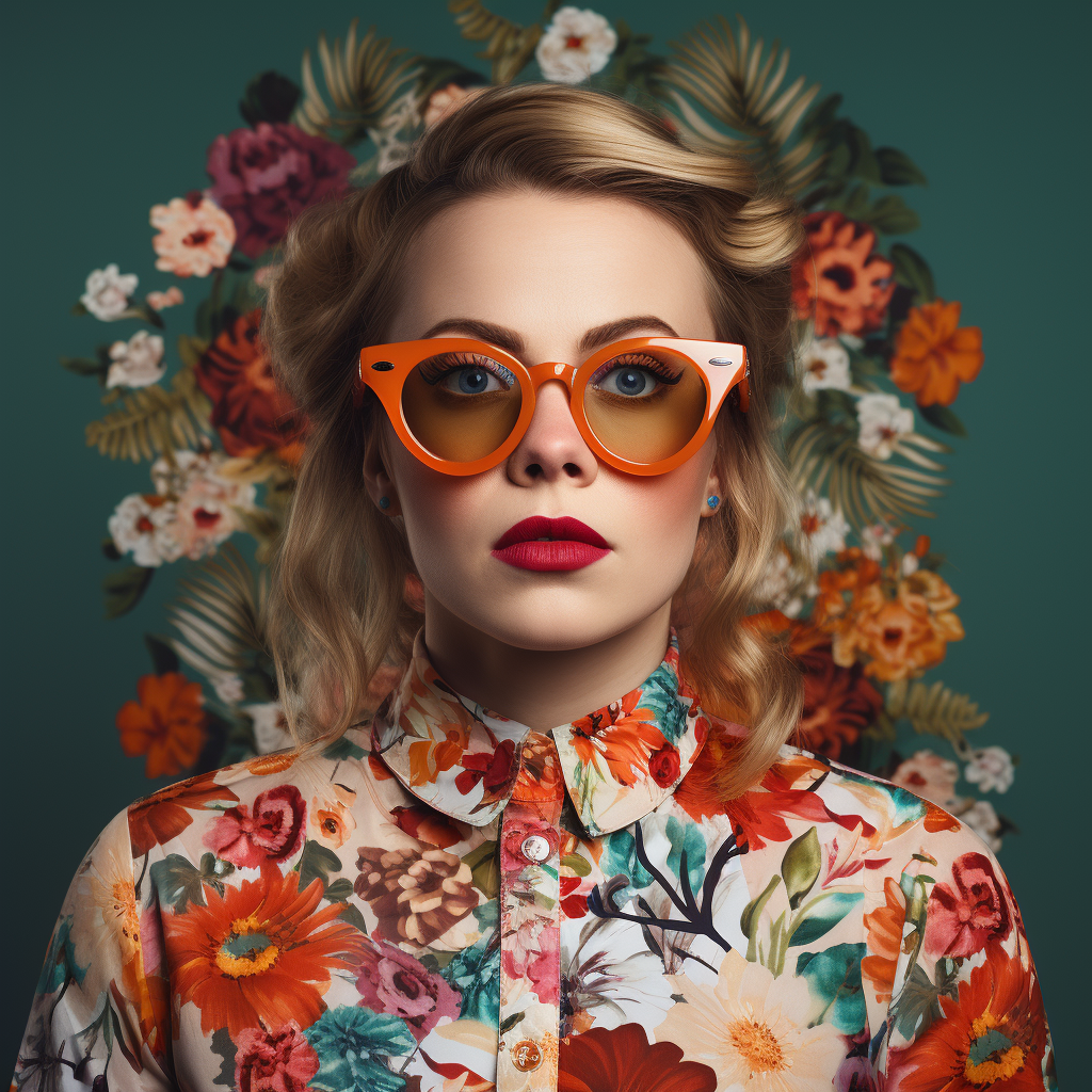 Woman in stylish floral glasses and matching jumper