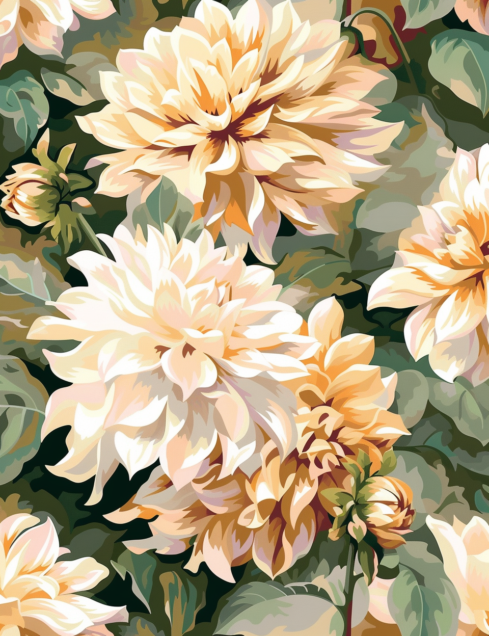 Floral Paint by Numbers Dahlias Cream Pink Yellow Leaves