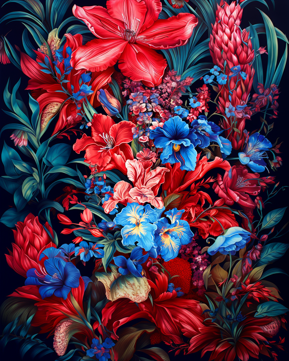 Floral pattern with vibrant red and blue Colombian flowers