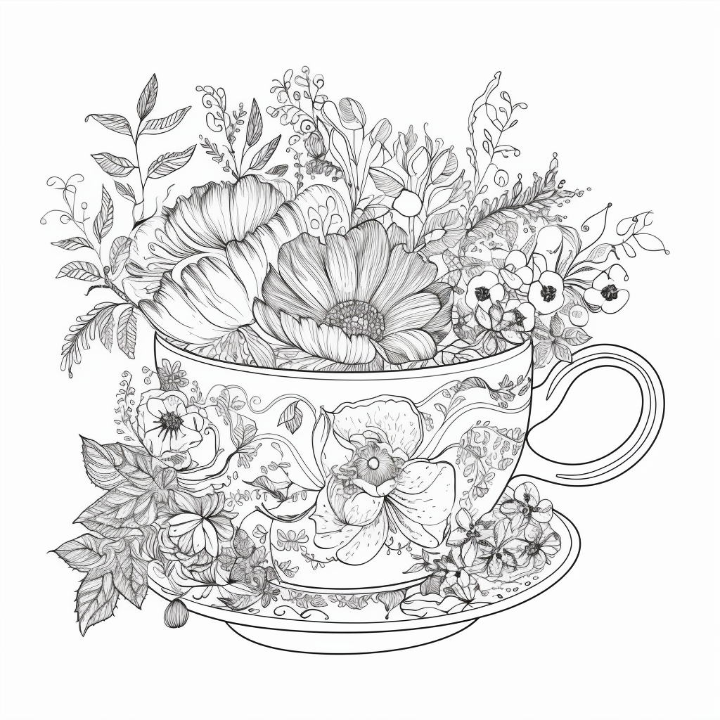 Coloring book page with floral tea cup