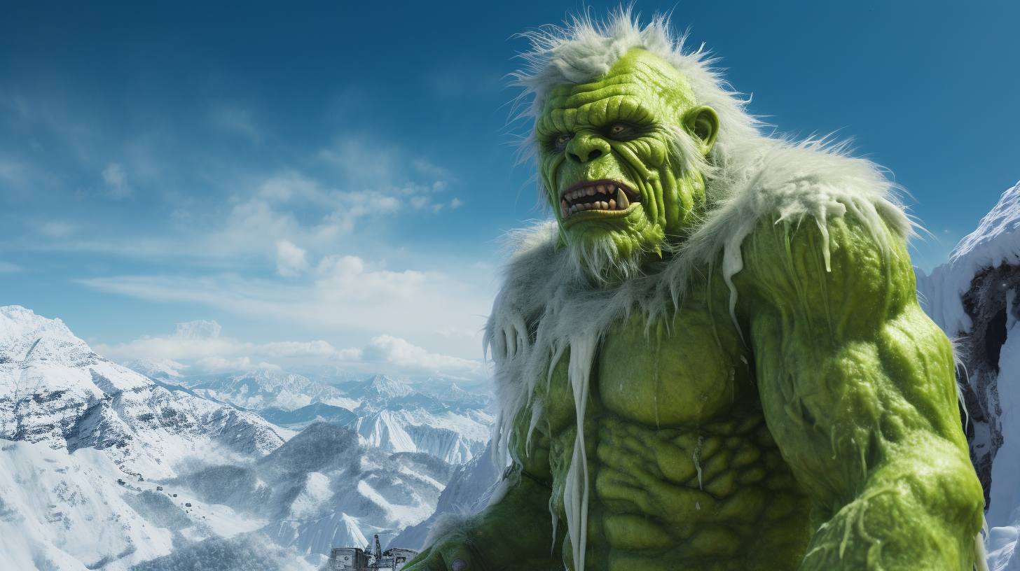 Hyperreal Florescent Green Grinch on Snowy Mountain