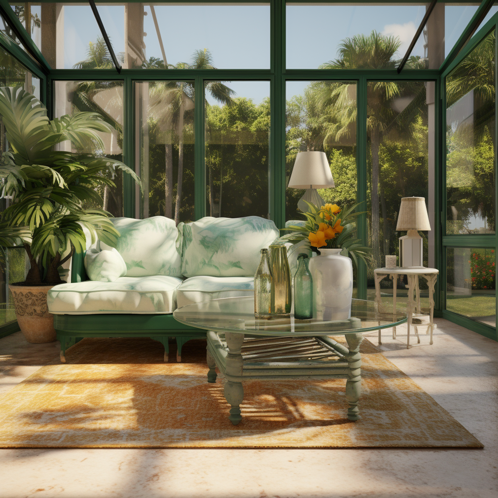 Floridian Sunroom with Mid Century Modern Patina Green Furniture