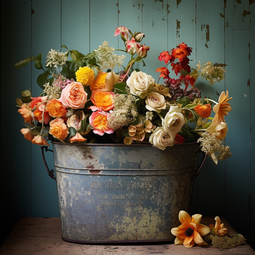 Beautiful old-fashioned flower arrangement in zinc tub