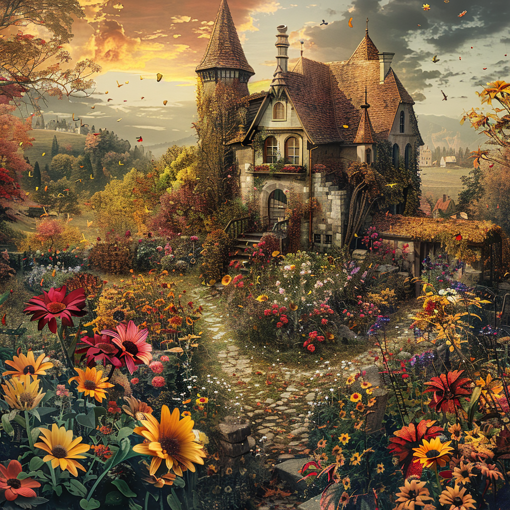 Beautiful flower-filled autumn castle