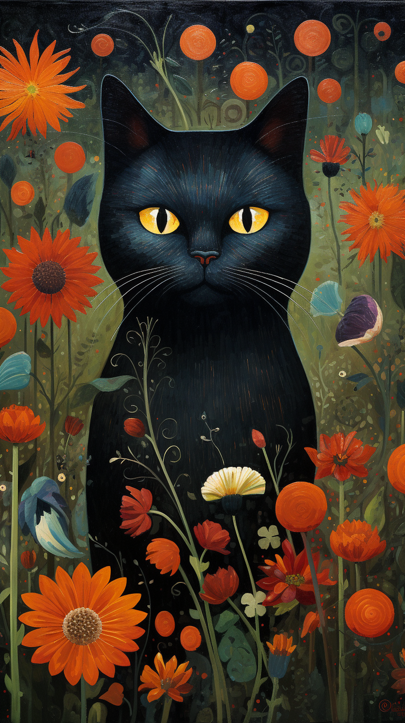 Image of a Flower Garden with a Cat, Enchanting and Mystical