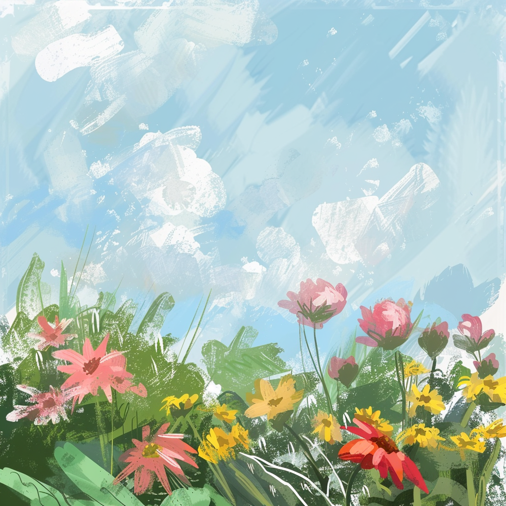 Colorful flower garden under blue sky sketch