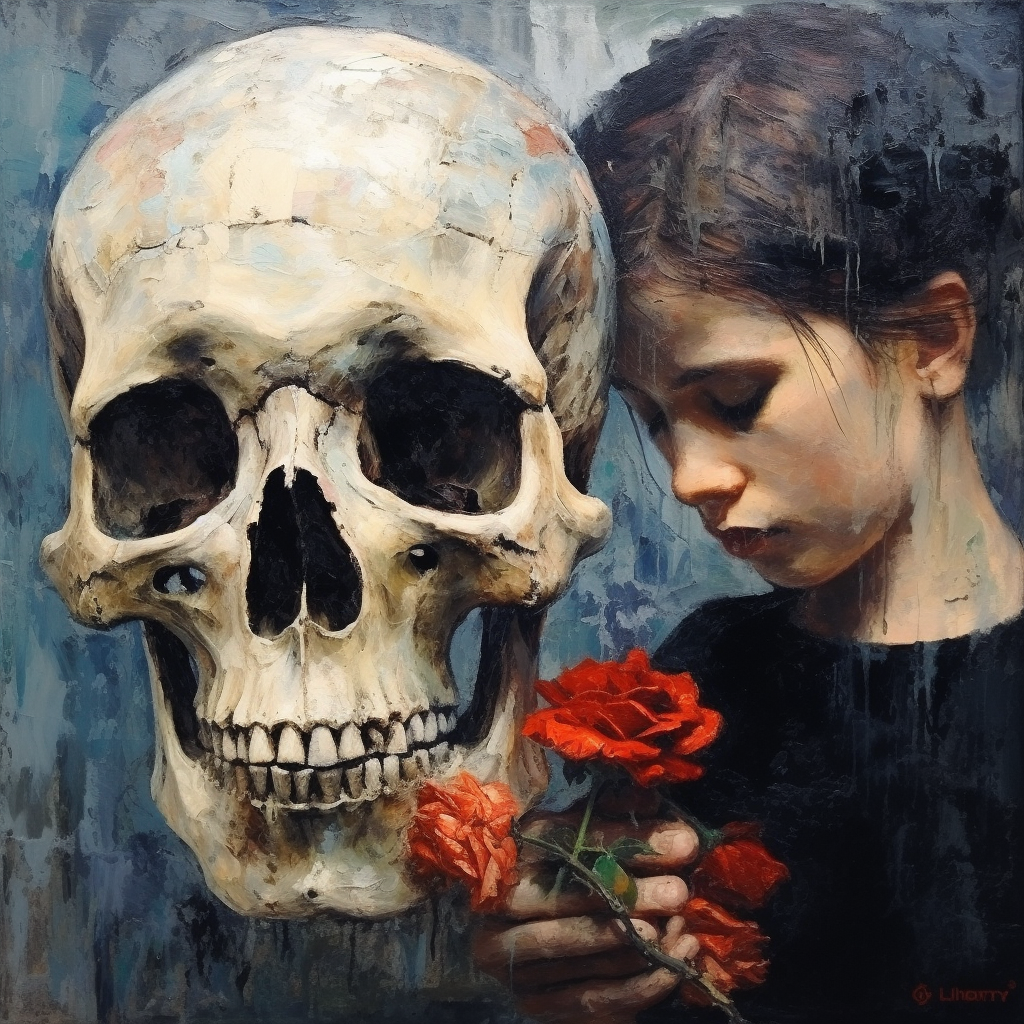 Flower girl with skull oil paint