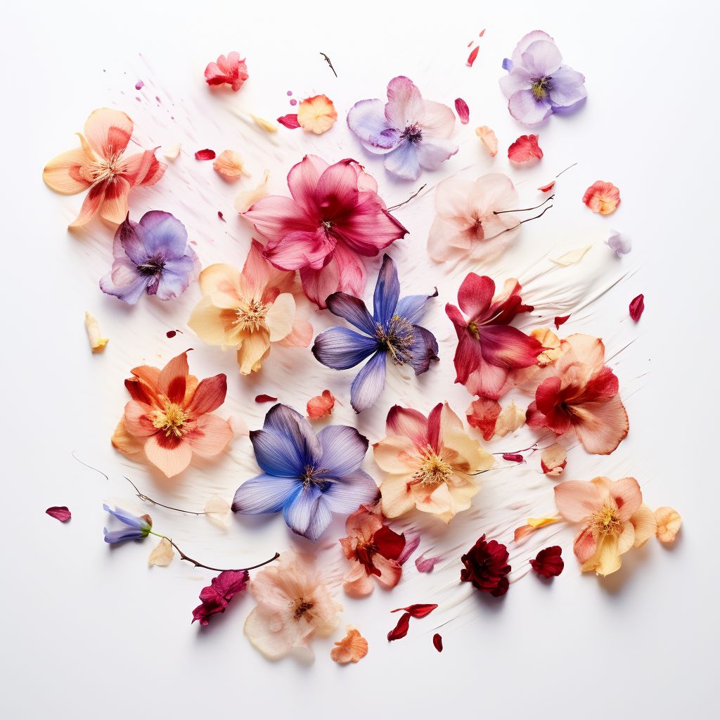 Falling flower petals on white background