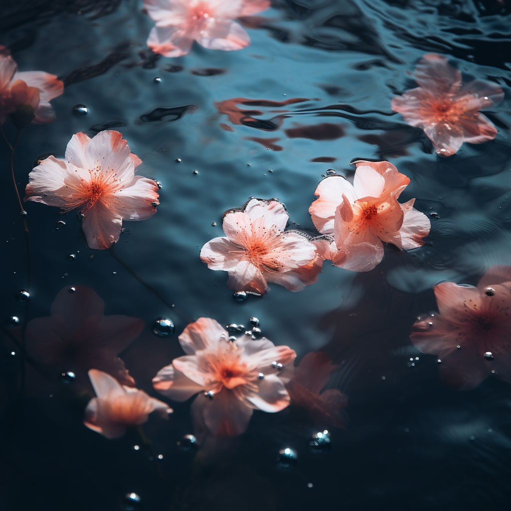 Colorful flower petals with a shiny object in the water