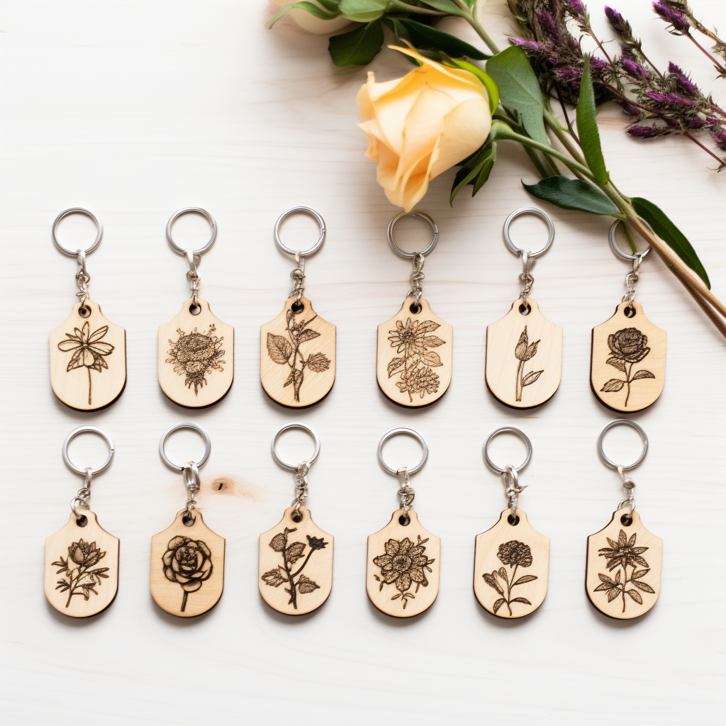 Hand presenting flower-themed pyrography keyrings