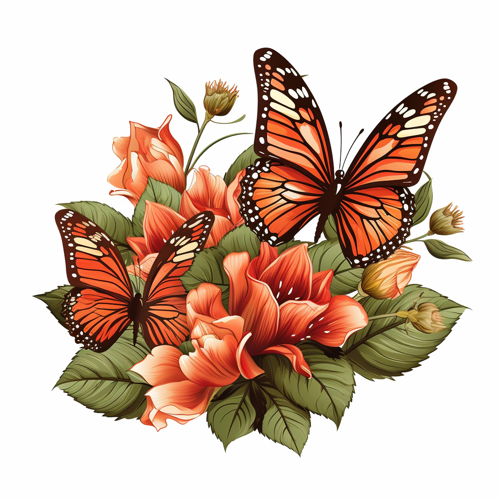 Colorful flowers and butterflies illustration on white background.