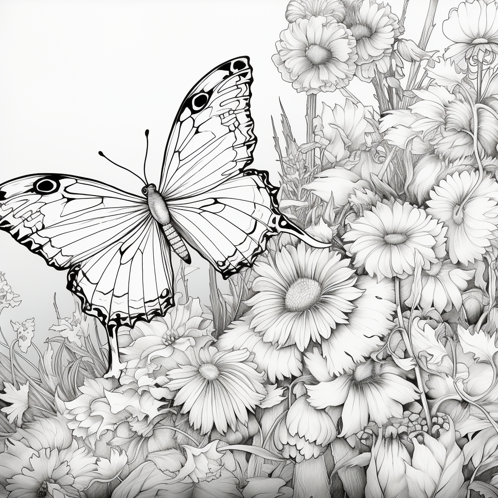 Coloring page with flowers and caterpillars