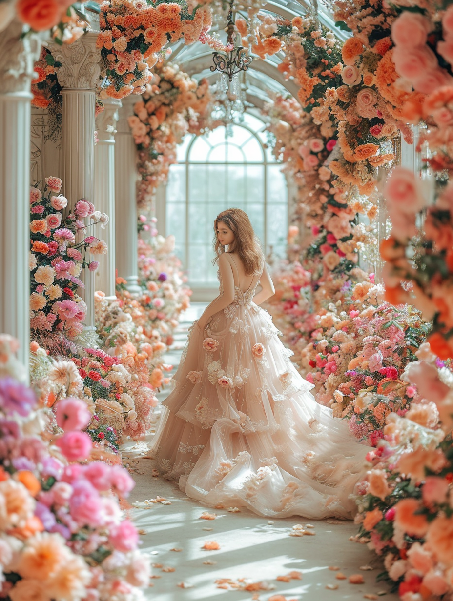 Beautiful girl walking in a flower gallery