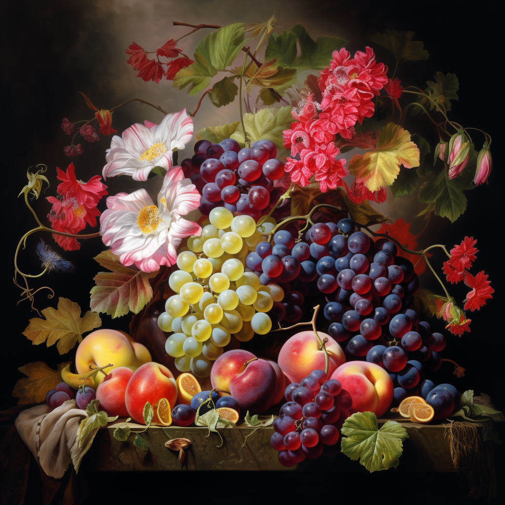 Colorful flowers and grapes arrangement