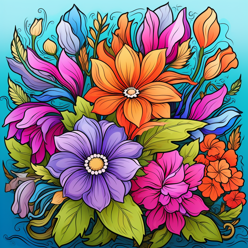 Colorful flowers and leafs coloring page