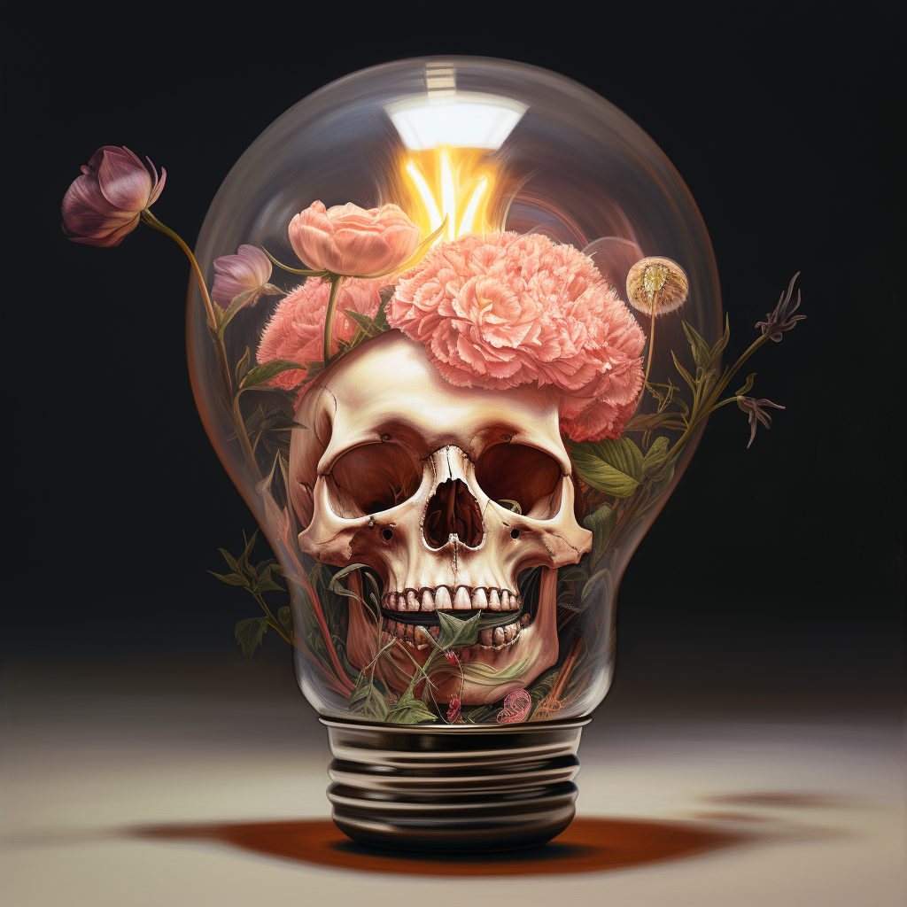 Blooming flowers inside a lightbulb with roots and a skull