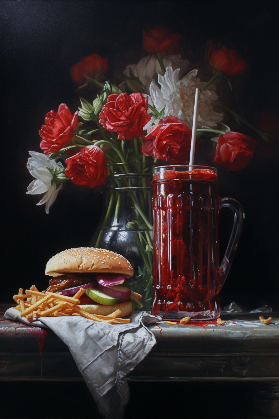 Vibrant still life with flowers and fast food