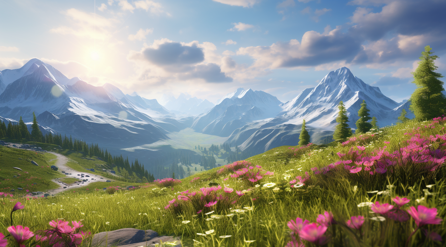 Vivid Flowers and Mountains Scenery Wallpaper