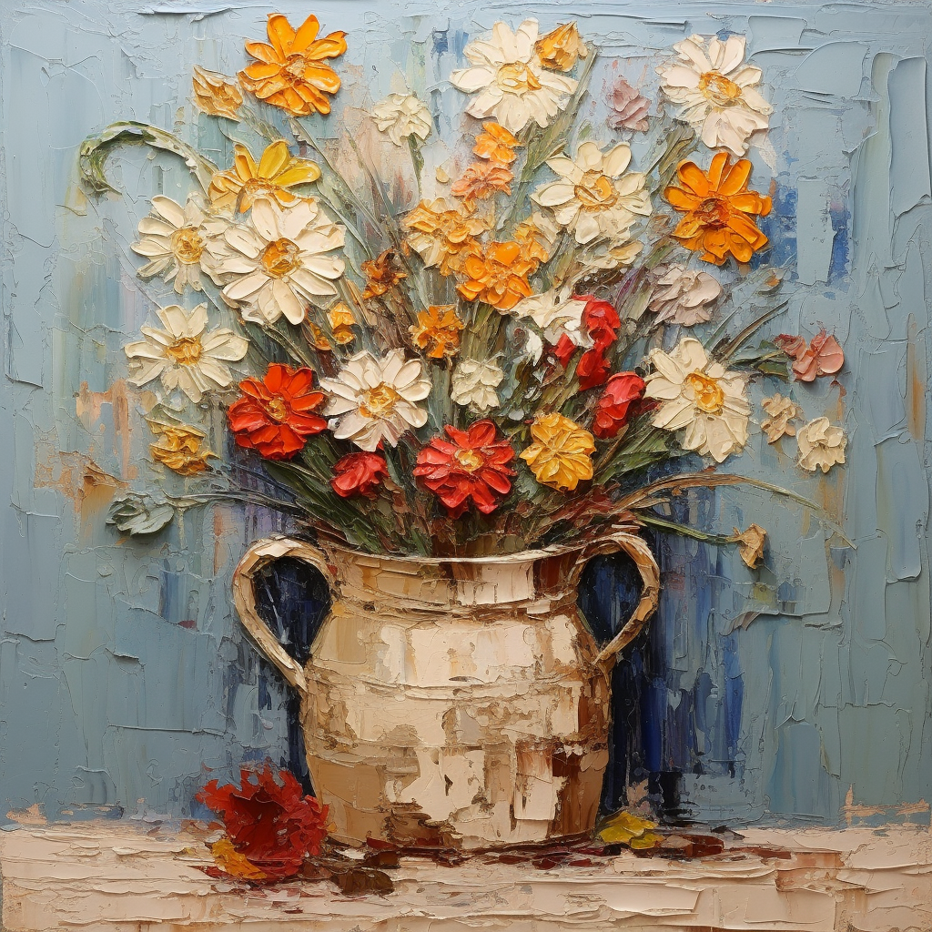 Vibrant flowers in an impressionistic pot