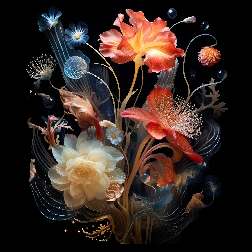 Colorful flowers and sea creatures on dark background