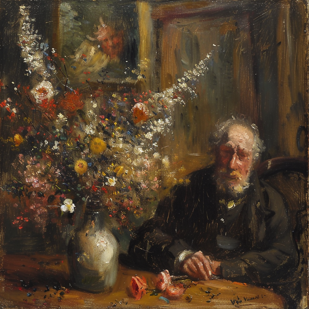 Flowers in vase, Old man at table