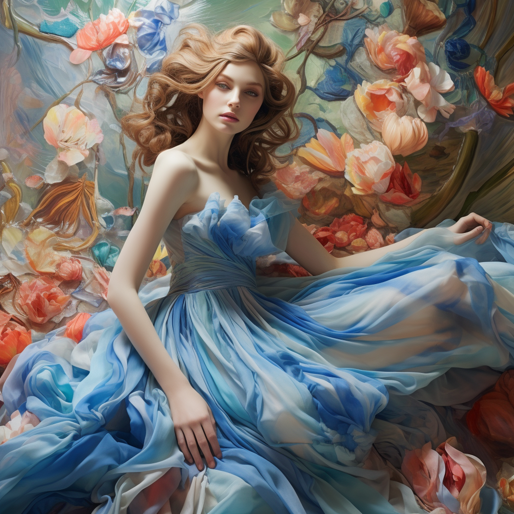 Model in Couture Chiffon Gown with Azure Eyes