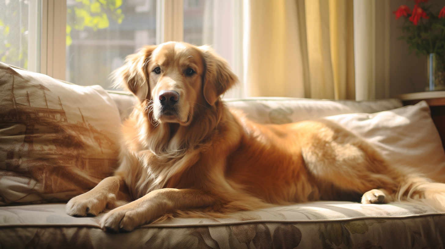 Cute golden retriever relaxing in living room