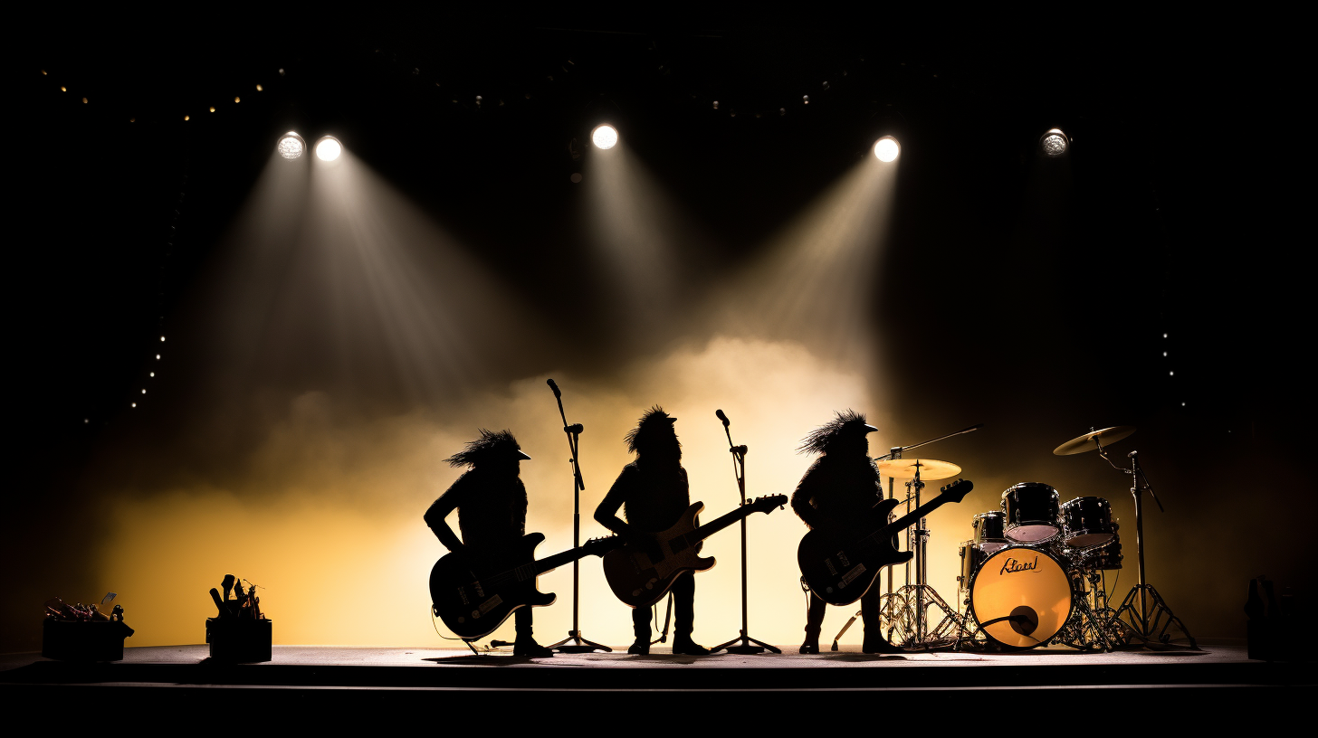 Black silhouettes of fluffy birds on stage with guitars