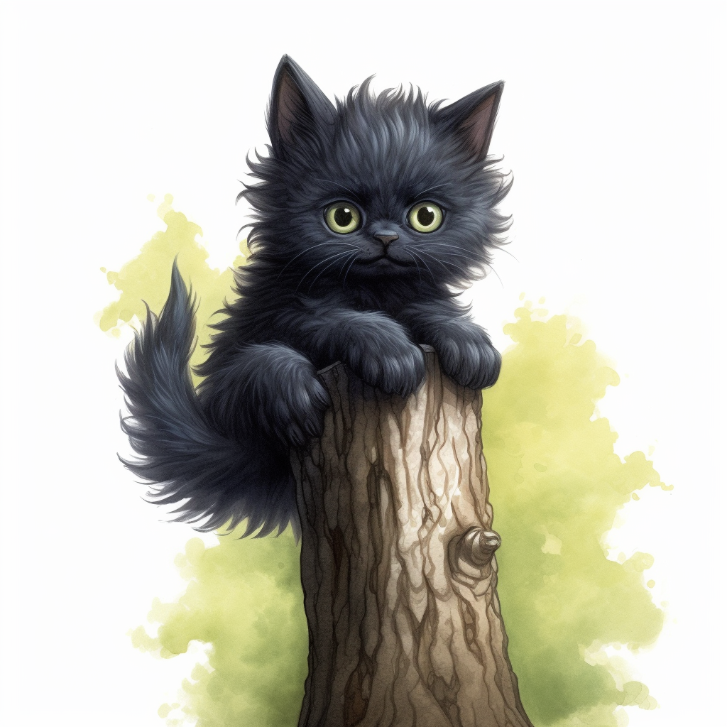 Cute black kitten holding onto a tree