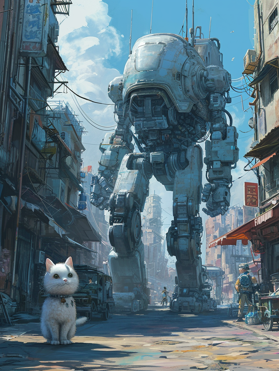 Fluffy cat-person and planet defense robot in anime scene