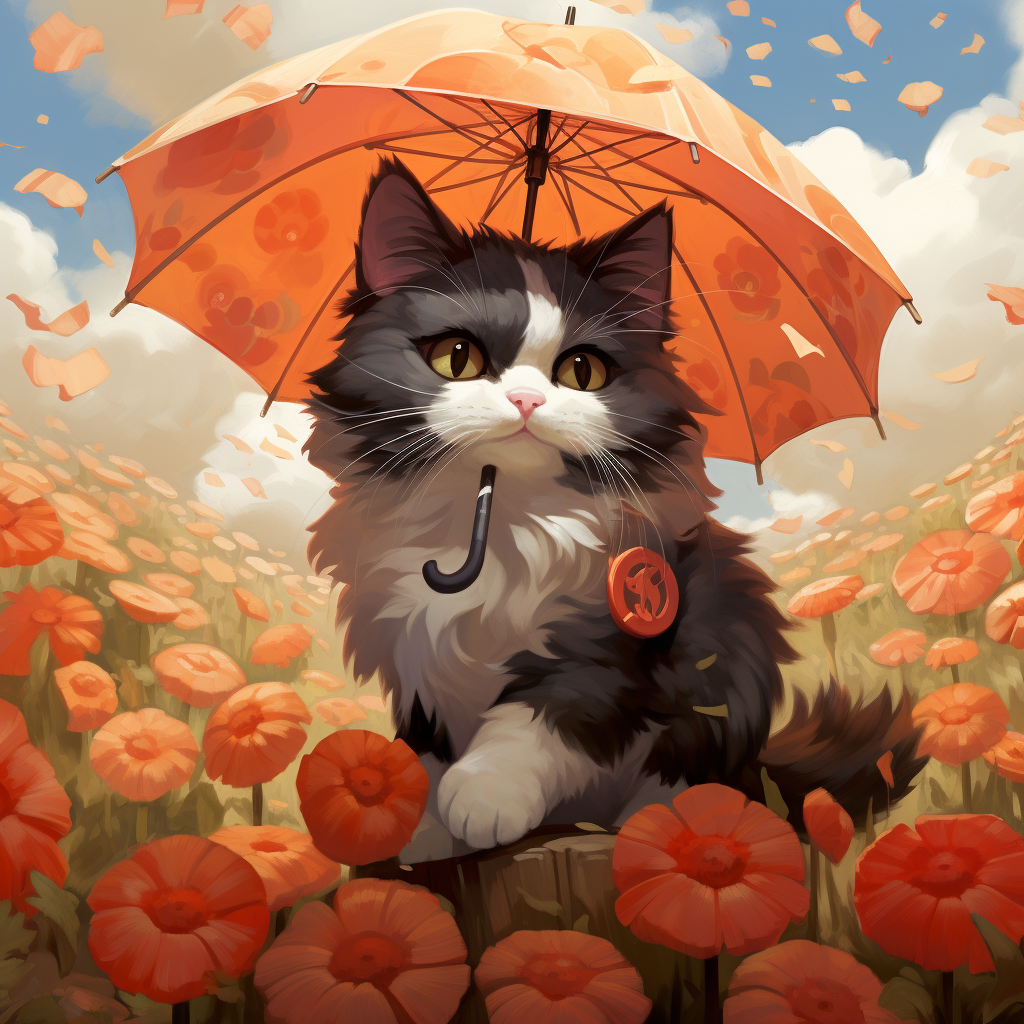 Fluffy calico cat walking with umbrella in poppy field