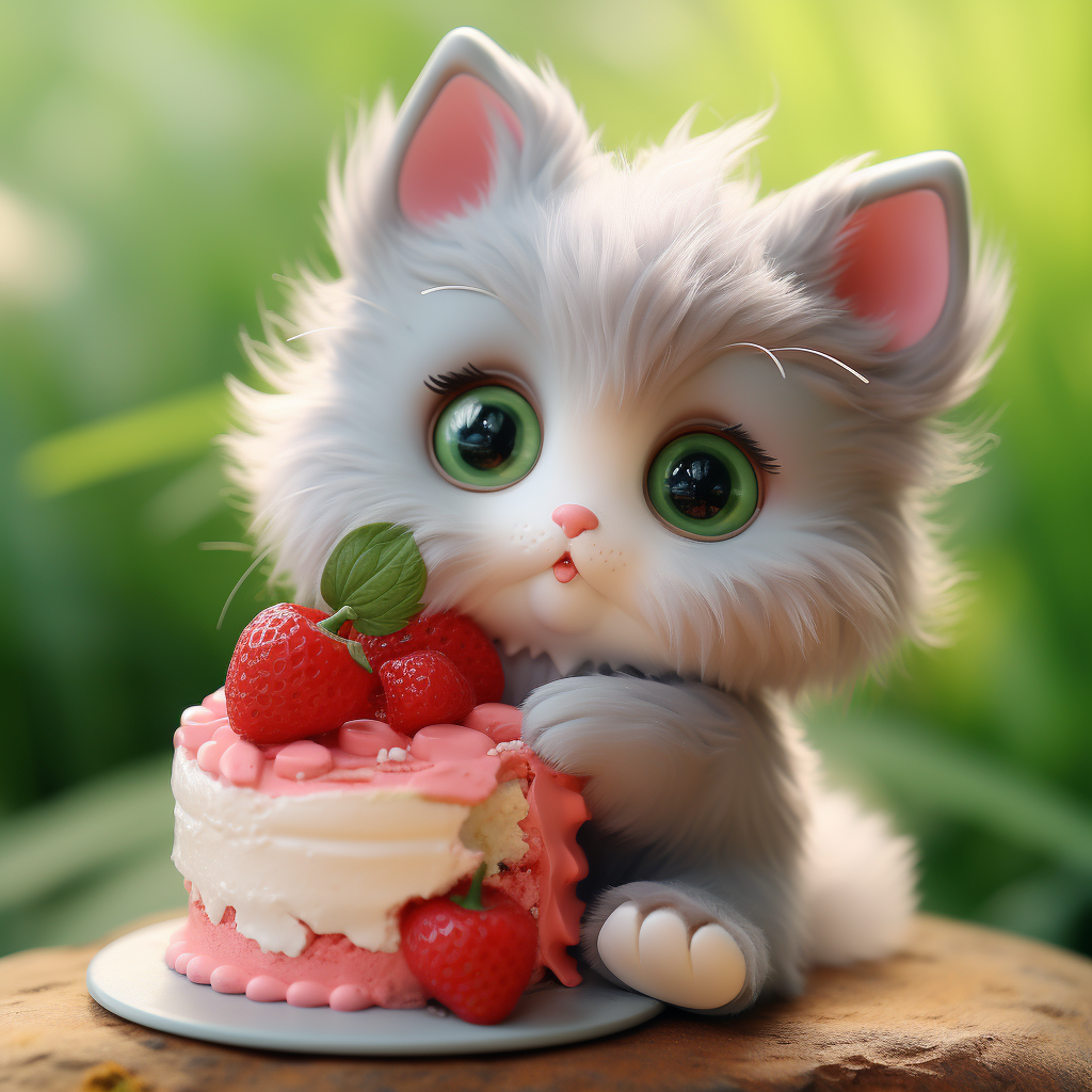 Gray kitten enjoying strawberry cake