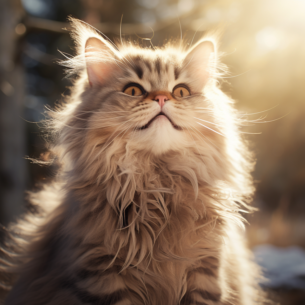 Fluffy happy cat looking left