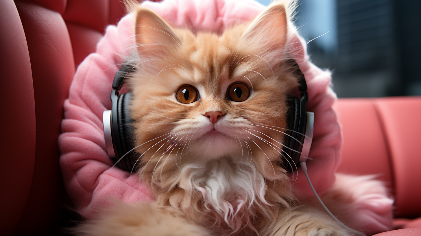 Cute fluffy kitten wearing earpods jamming music