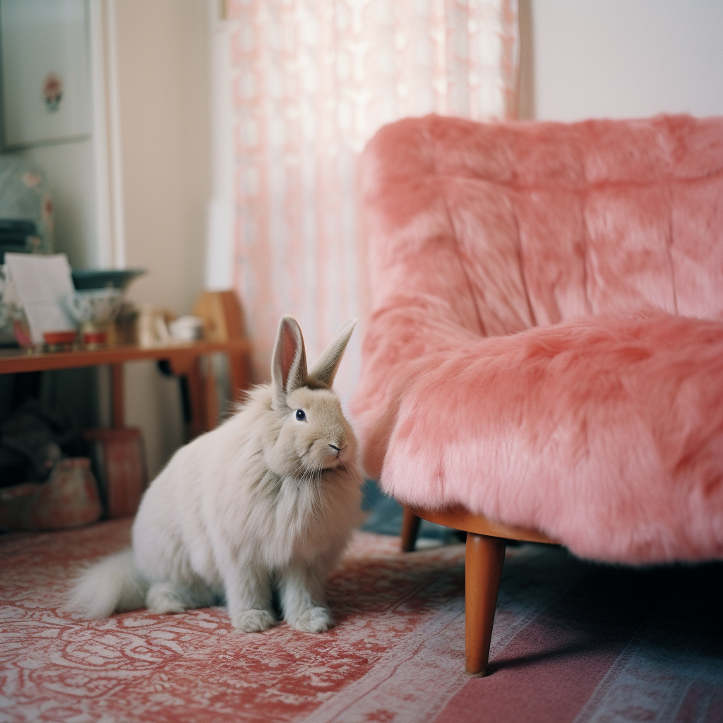 Cute pink bunny in a pastel room