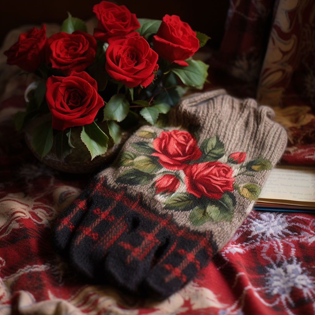 Fluffy roses on plaid wool mittens blanket  ?