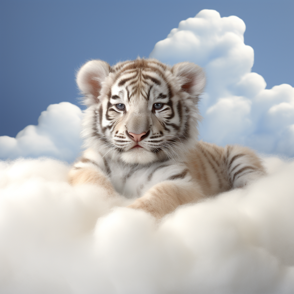 Cute tiger cub on fluffy cloud