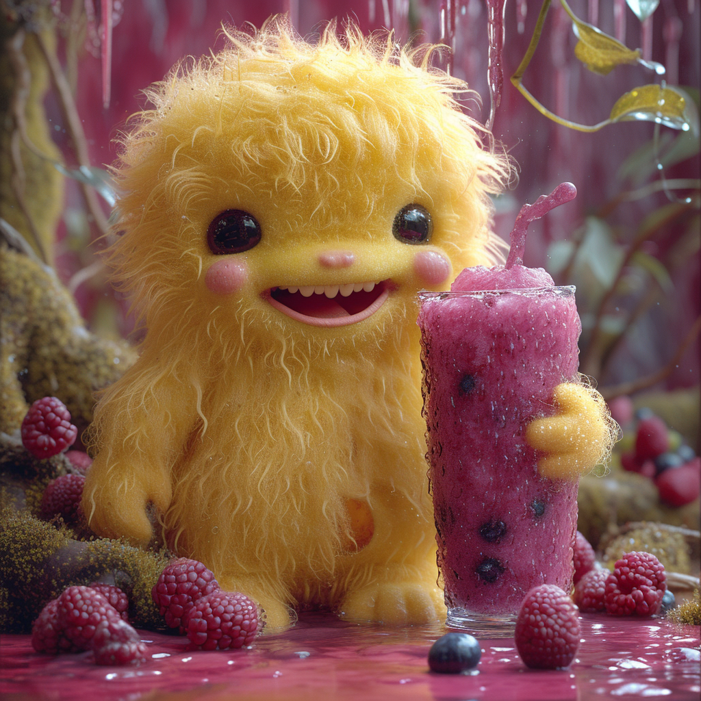 Fluffy yellow toy monster with purple smoothie