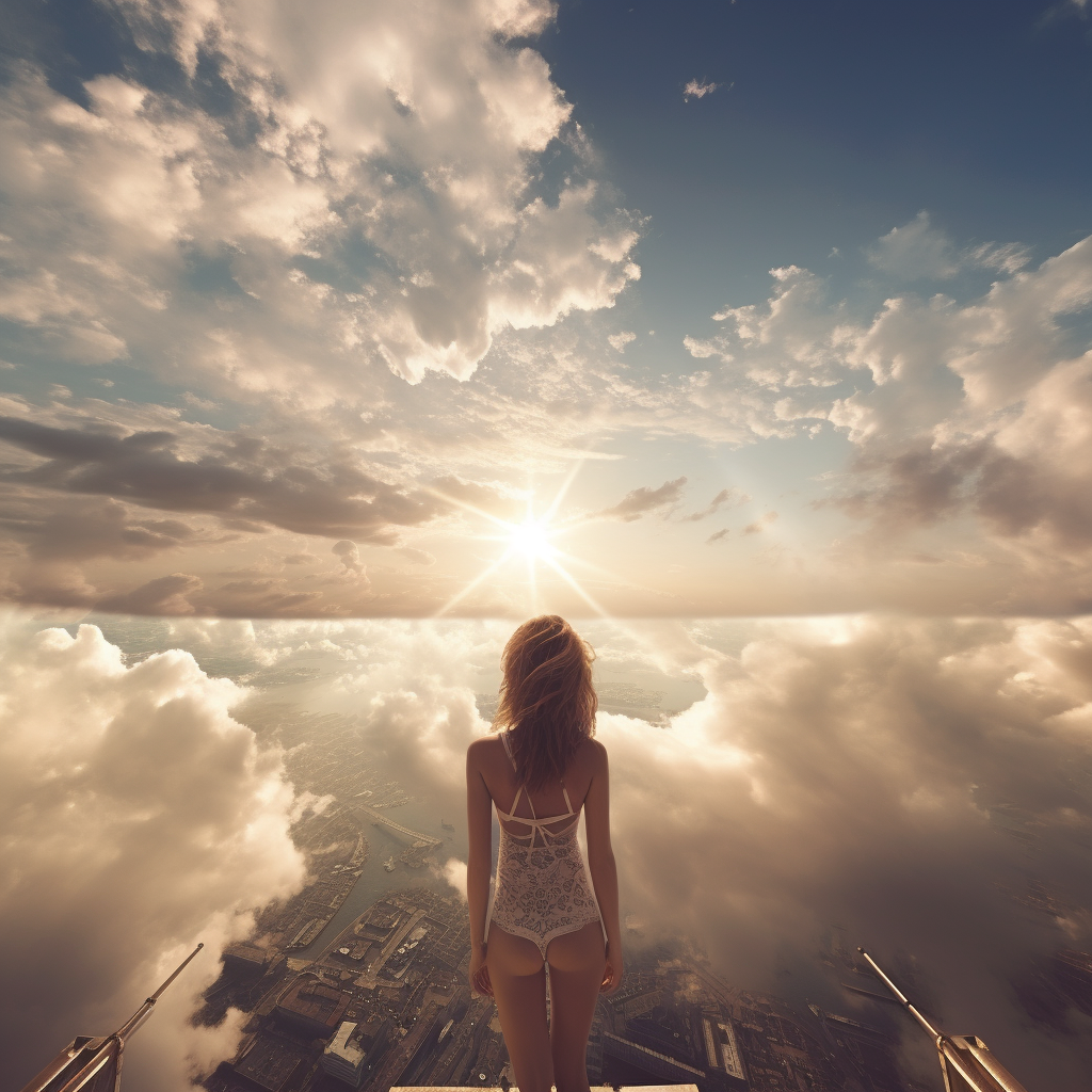 Woman admiring fluffy clouds from a panoramic viewpoint