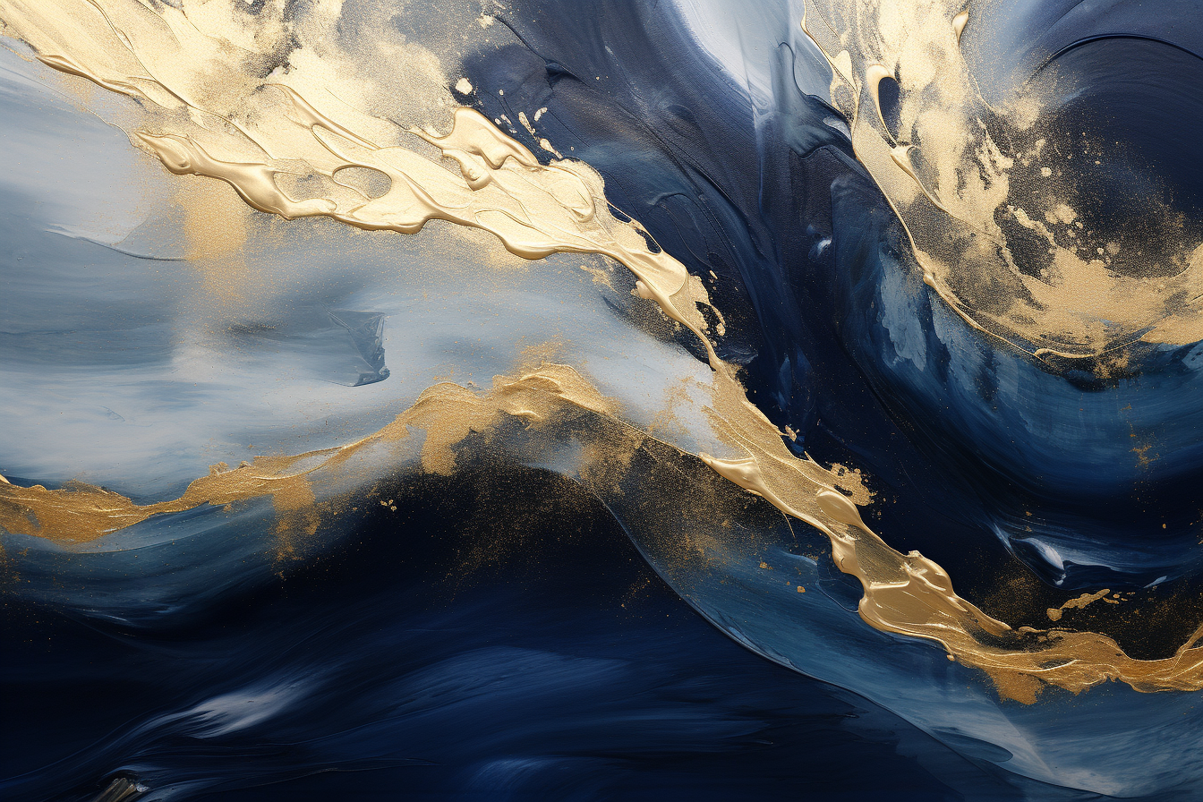 Dark blue, gray, and gold fluid abstract art