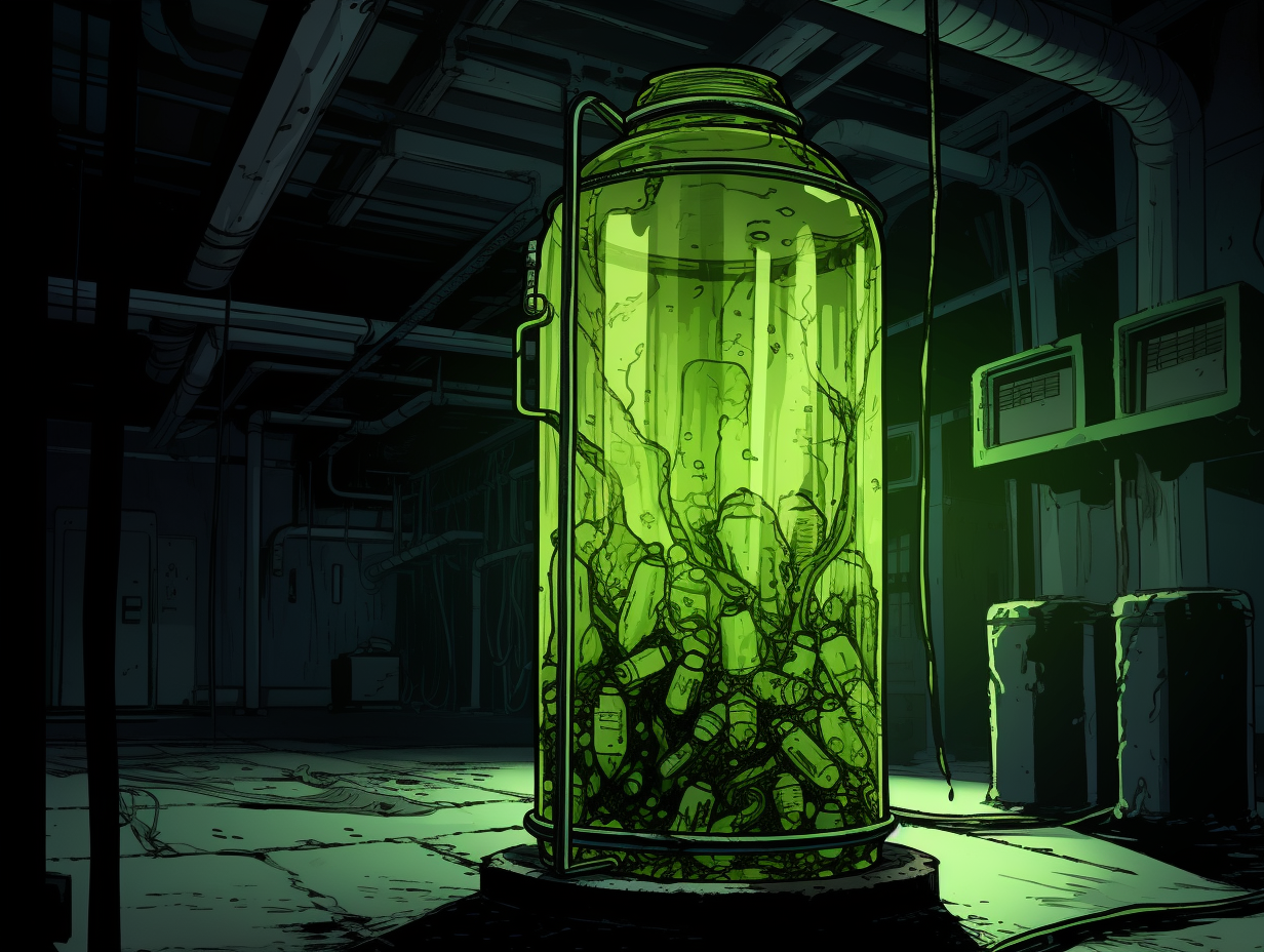 Eerie fluid-filled containment cylinder in abandoned lab