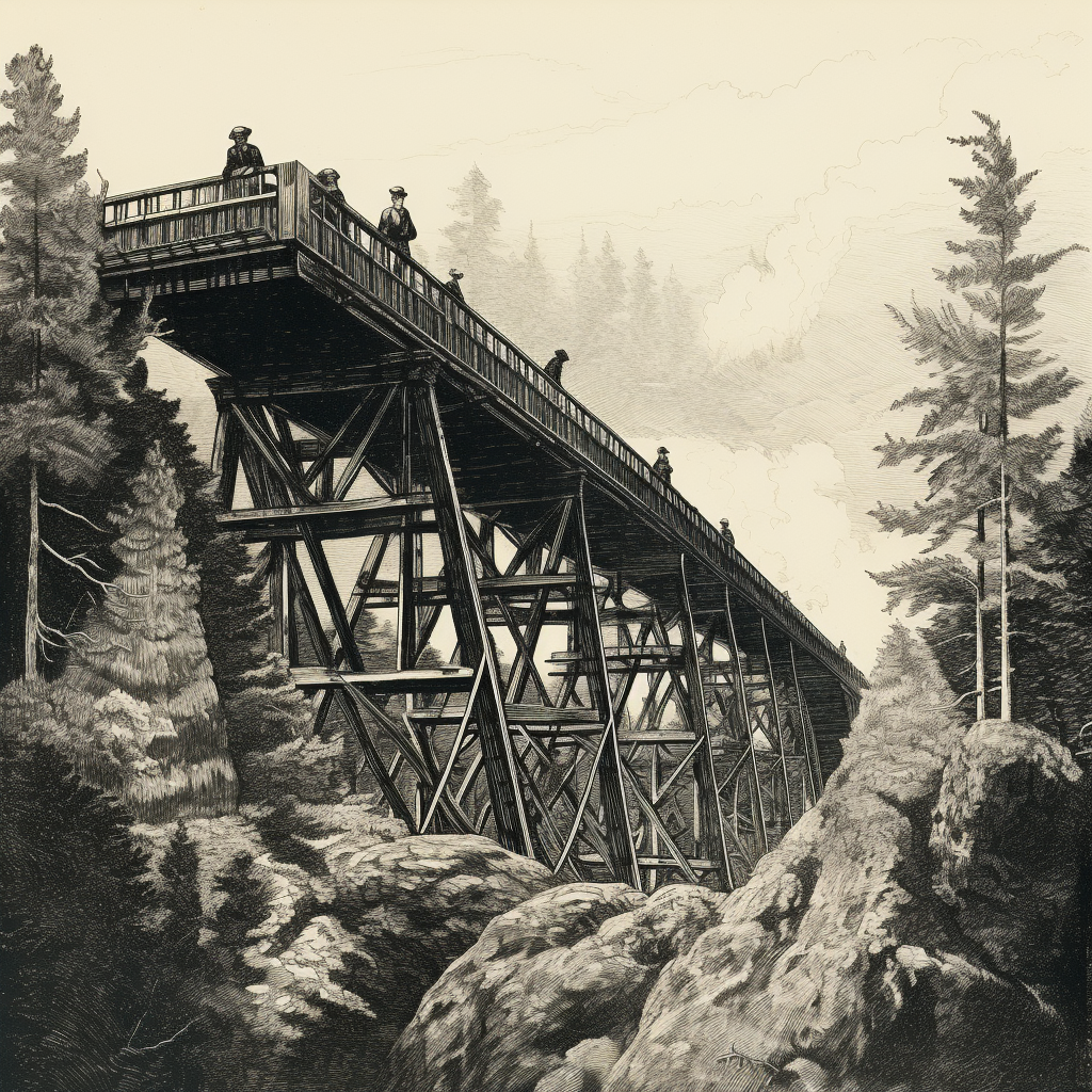 Wood Engraving of Flume Trestle from the 1870s