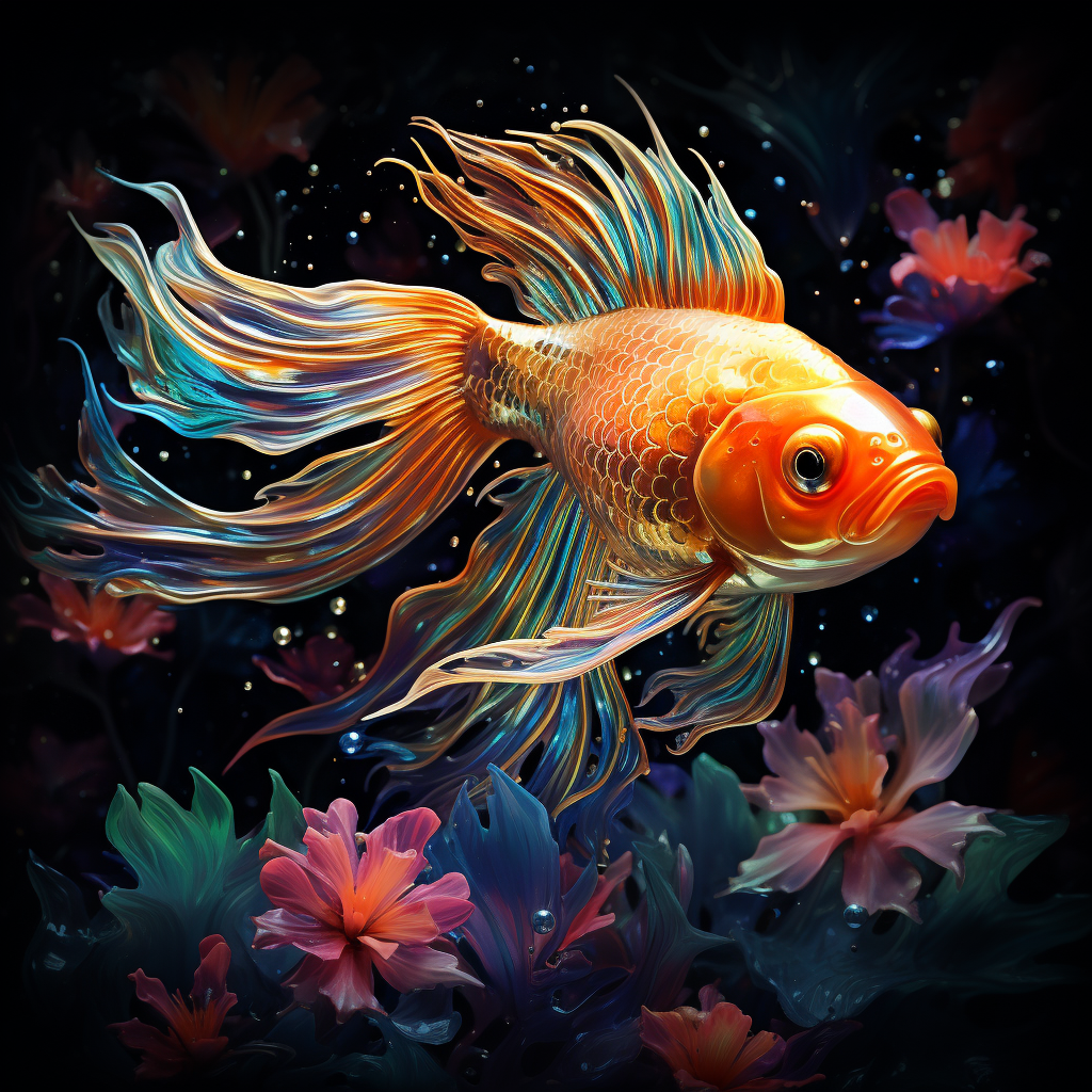 Vibrant poster of fluorescent goldfish swimming in a fish tank